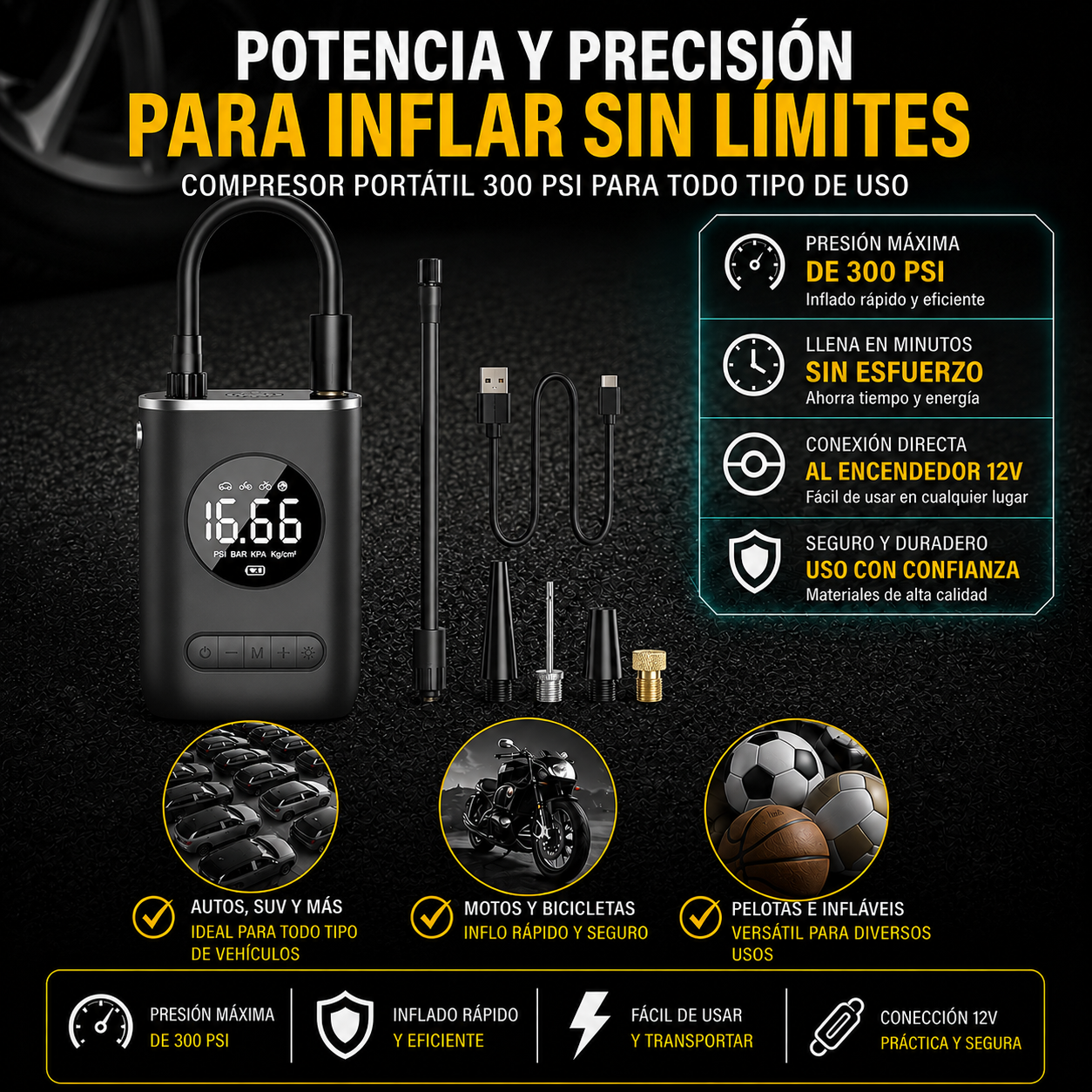 VOLTRIX™ AirMax 300 PSI: INFLA TU LLANTA EN MINUTOS Y SIGUE TU CAMINO